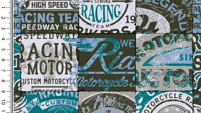 Warme alpenfleece stof met vintage racing bikers labels kopen bij Stoffenwinkel Online