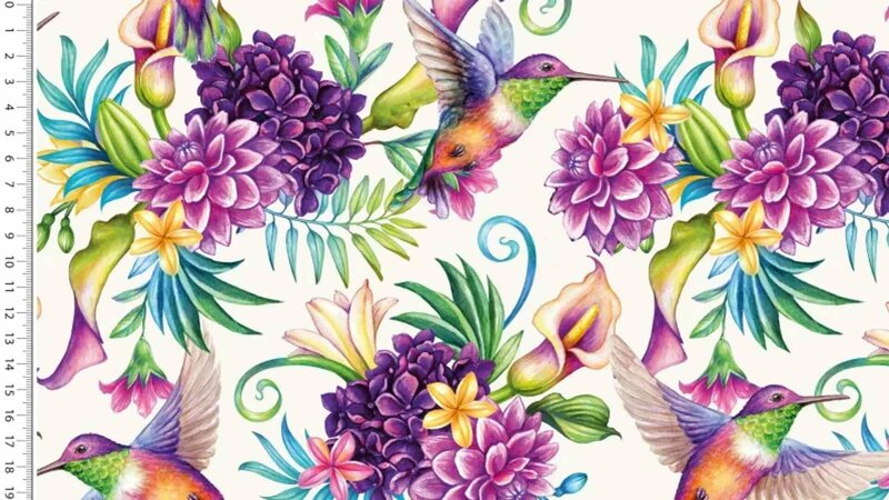 Ecru viscose tricot stof met een kleurrijke kolibrie kopen bij Stoffenwinkel Online