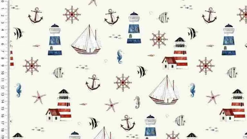 Ecru tricot stof met marine thema kopen bij Stoffenwinkel Online