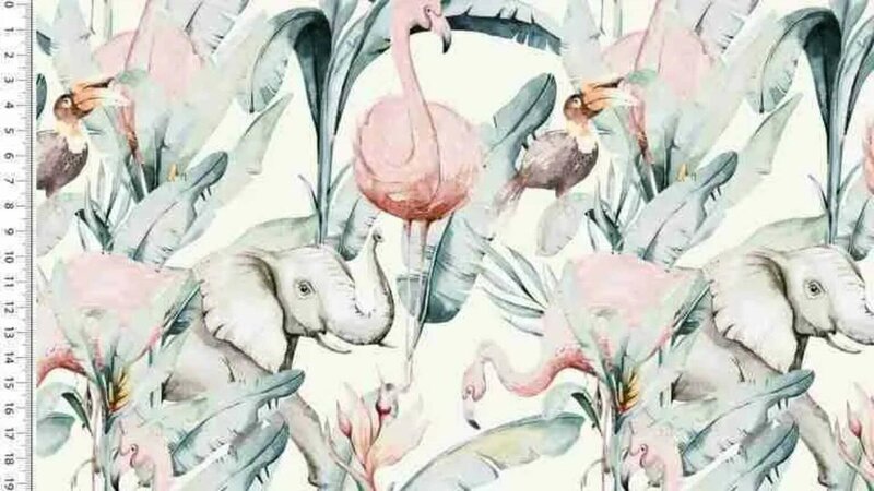 Ecru tricot stof met flamingo en olifant kopen bij Stoffenwinkel Online