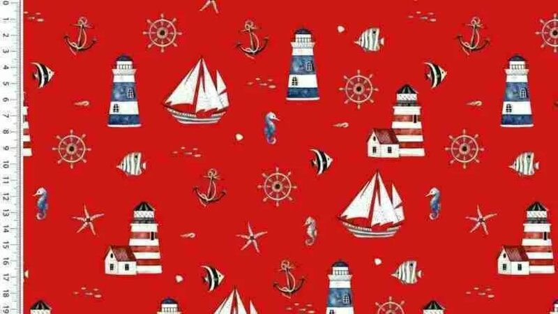 Rode tricot stof met marine thema kopen bij Stoffenwinkel Online