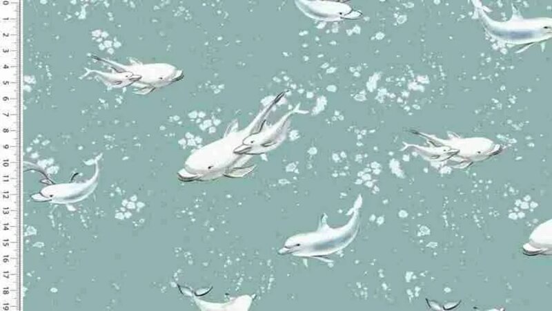 Denim blauwe tricot stof met dolfijnen kopen bij Stoffenwinkel Online