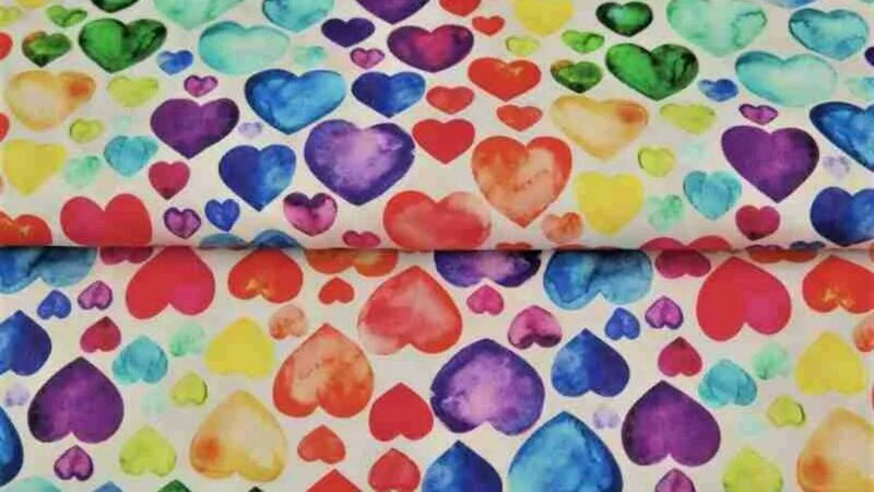 Tricot jersey stof met kleurrijke hartjes kopen bij Stoffenwinkel Online