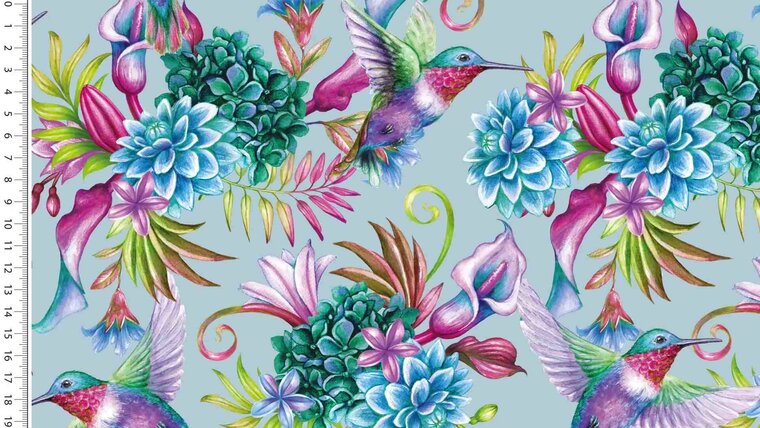 Blauwe viscose tricot stof met een kleurrijke kolibrie kopen bij Stoffenwinkel Online