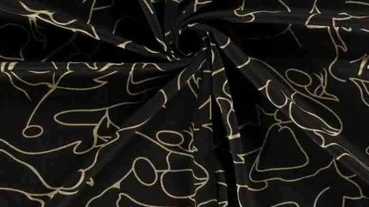 Prachtige zwarte poly viscose jersey van dikkere kwaliteit met abstracte figuren in camel bruin kopen bij Stoffenwinkel Online