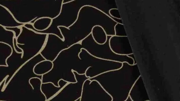 Prachtige Prachtige zwarte poly viscose jersey van dikkere kwaliteit met abstracte figuren in camel bruin bestellen