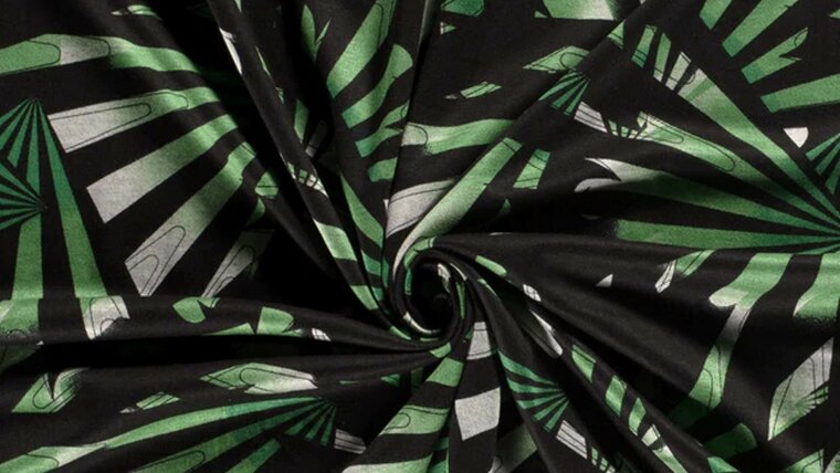 Prachtige Zwarte Polyester Viscose Jersey met Groene Bladeren bestellen
