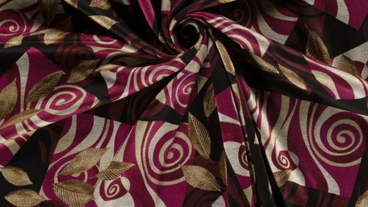 Bestel Wijnrode polyester viscose jersey met abstracte vormen en bladeren