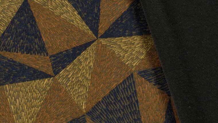 Kaki Groene Polyester Viscose Jersey met Abstracte Driehoeken kopen bij Stoffenwinkel Online
