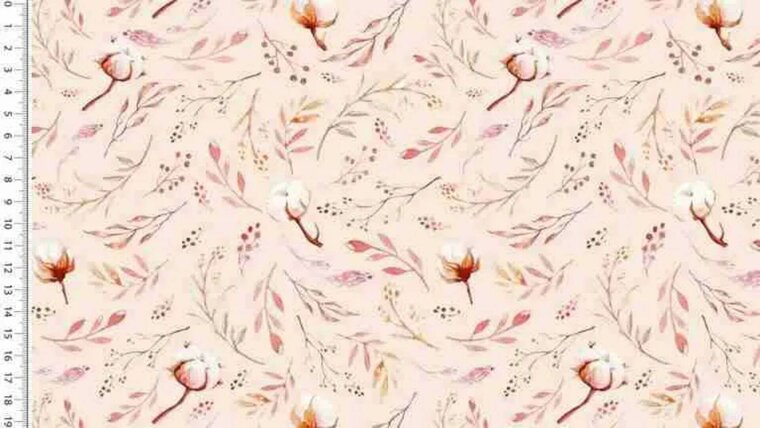 Zacht roze tricot stof met bladeren en katoen plant kopen bij Stoffenwinkel Online
