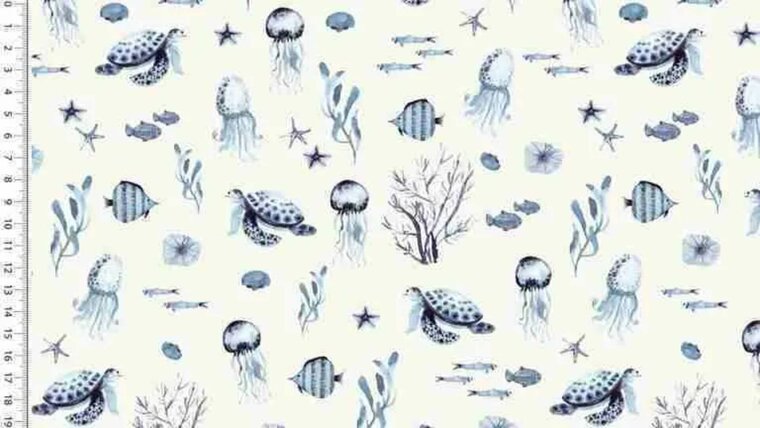 Ecru tricot stof met sealife in blauw kopen bij Stoffenwinkel Online